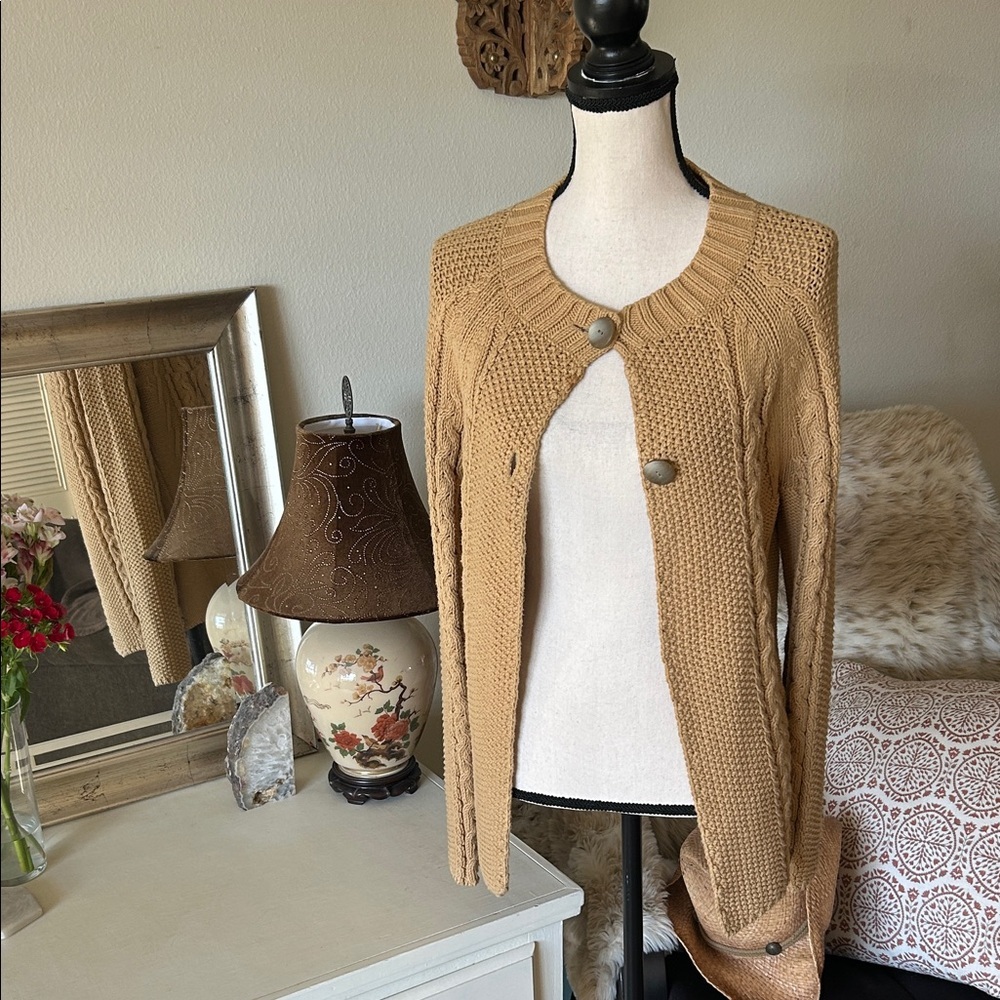 Vintage Jones, New York cable knit cotton two button open front sweater M